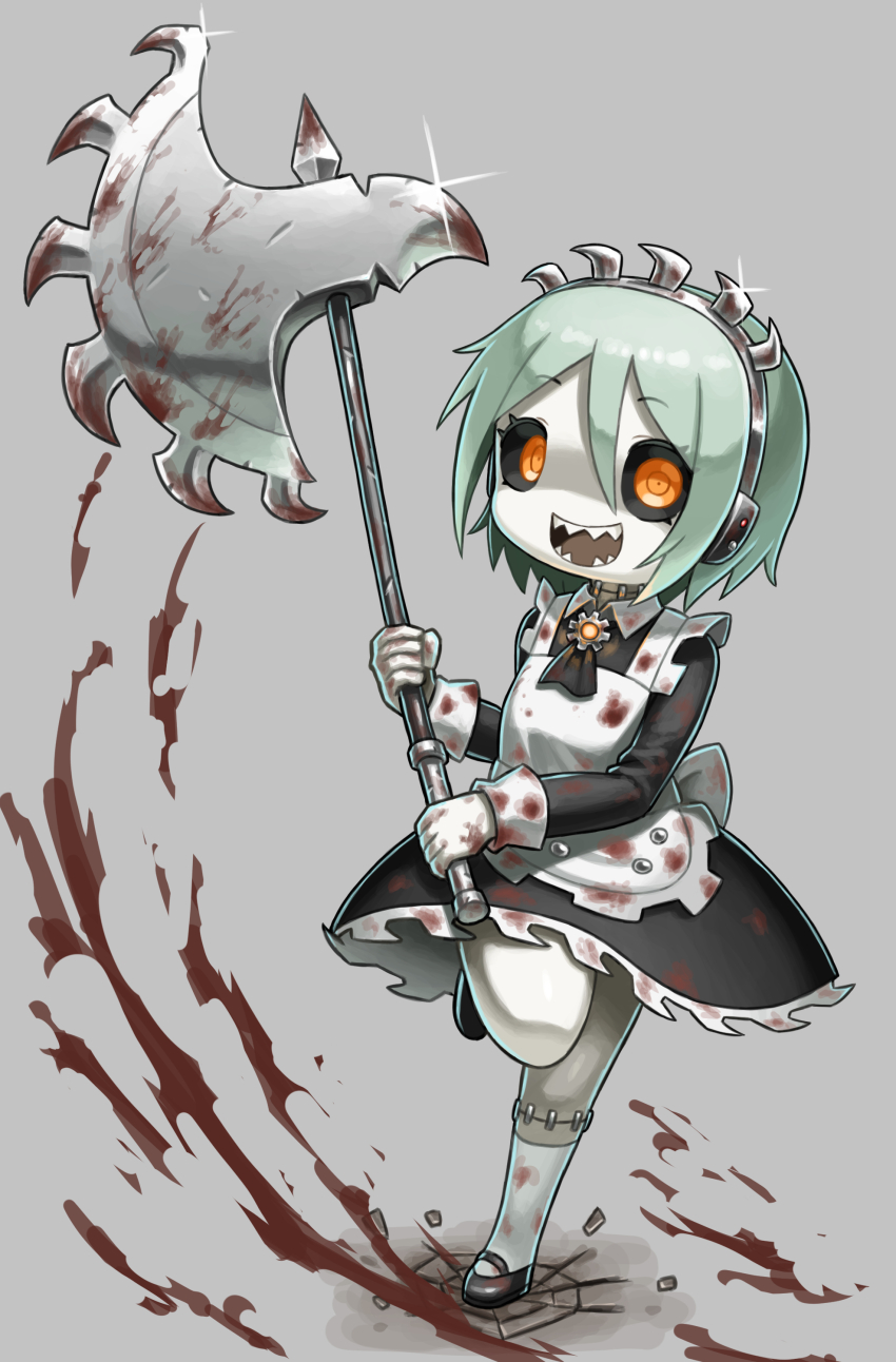 1girl, :d, absurdres, apron, axe, black_dress, black_sclera, blood