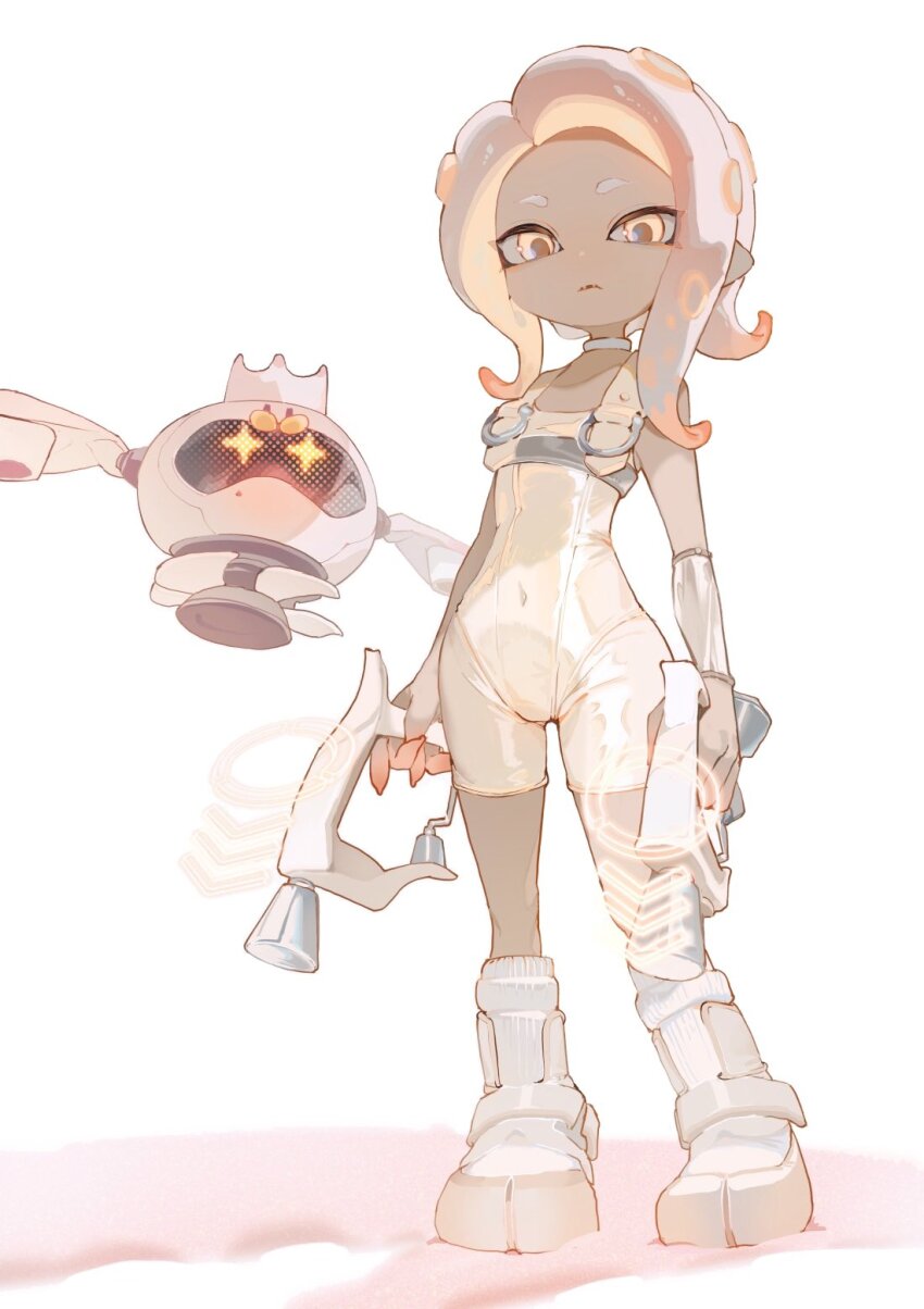 2girls, agent_8_(splatoon), arms_at_sides, bodysuit, boots, brown_hair, choker, commentary