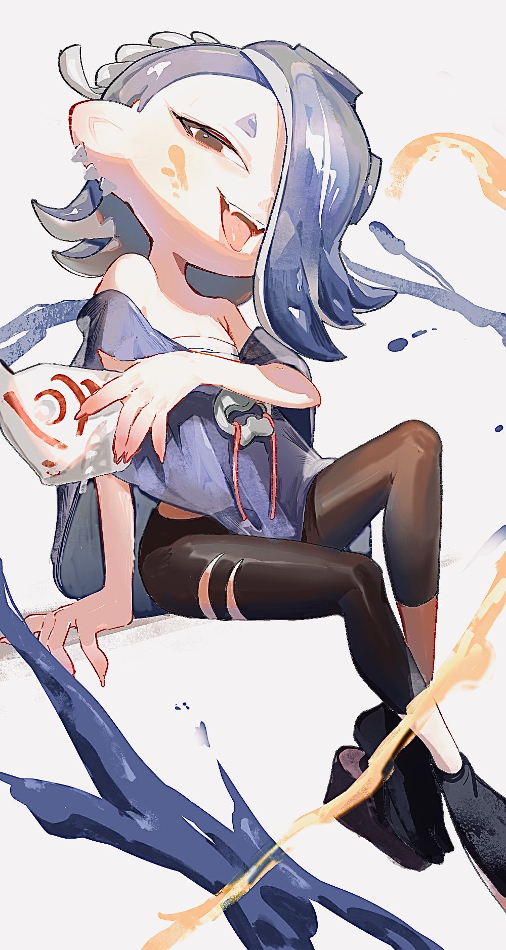 1girl, arm_support, bare_shoulders, black_leggings, blue_hair, blue_shawl, breasts, chest_sarashi