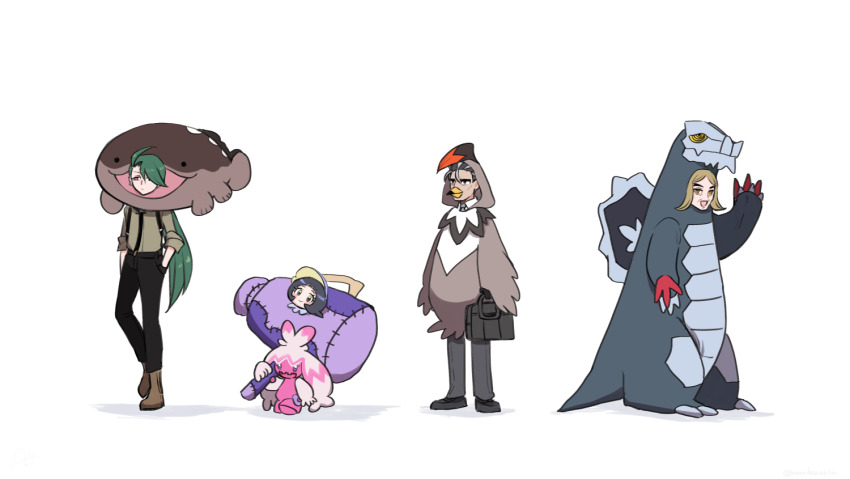 2boys, 2girls, :d, baxcalibur, baxcalibur_(cosplay), black_hair, black_pants, blonde_hair