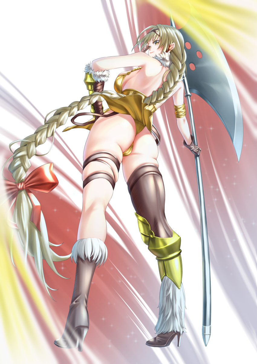 1girl, absurdres, armband, armor, ass, asymmetrical_gloves, asymmetrical_legwear, axe, beatrice_(brown_dust), blonde_hair, braid, braided_ponytail, breasts, brown_dust_(series), brown_dust_2, brown_gloves, dress, from_behind, from_below, full_body, gauntlets, gloves, greaves, hair_ribbon, hand_on_own_hip, high_heels, highres, hitpig, holding, holding_axe, huge_weapon, large_breasts, light_smile, long_hair, looking_back, red_ribbon, ribbon, single_gauntlet, single_greave, skindentation, solo, stiletto_heels, thigh_strap, very_long_hair, weapon, yellow_dress, yellow_eyes