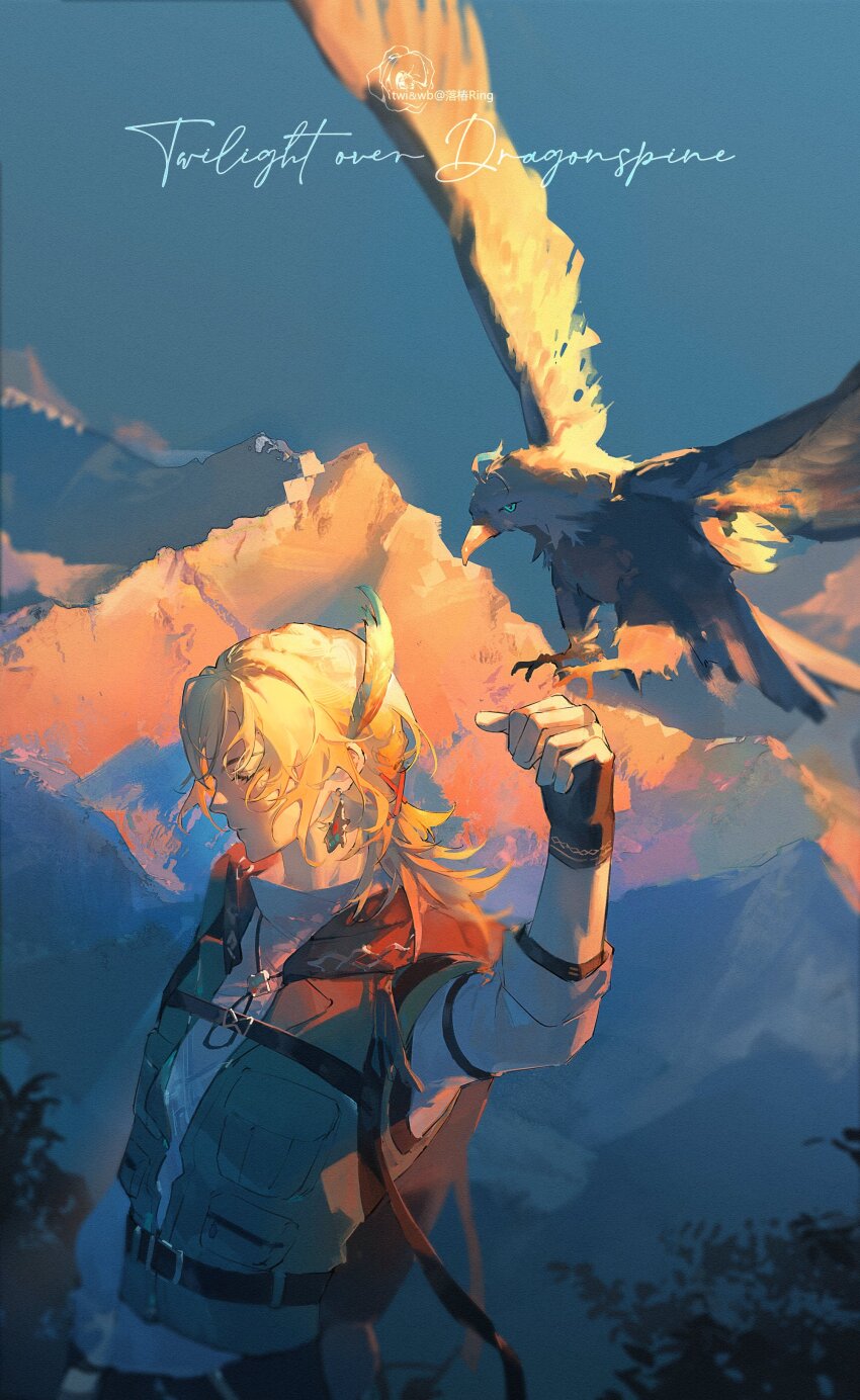 1boy, absurdres, bird, black_gloves, blonde_hair, eagle, earrings, feather_hair_ornament