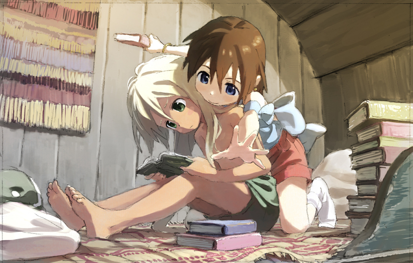 androgynous, barefoot, book, book_stack, bow, breast_press, convenient_censoring, earrings, holding, holding_book, jewelry, kirim_(fugo), long_hair, matsuo_yuusuke, original, raifan_(fugo), reading, red_shorts, shorts, soles, topless_female
