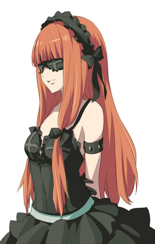 1girl, arms_behind_back, bad_id, bad_pixiv_id, bare_shoulders, black_dress, blindfold, dress, female_focus, friden04, fuaa_(friden04), gothic_lolita, hairband, light_smile, lolita_fashion, long_hair, orange_hair, pamela_d_loscrime, simple_background, solo, vamp!