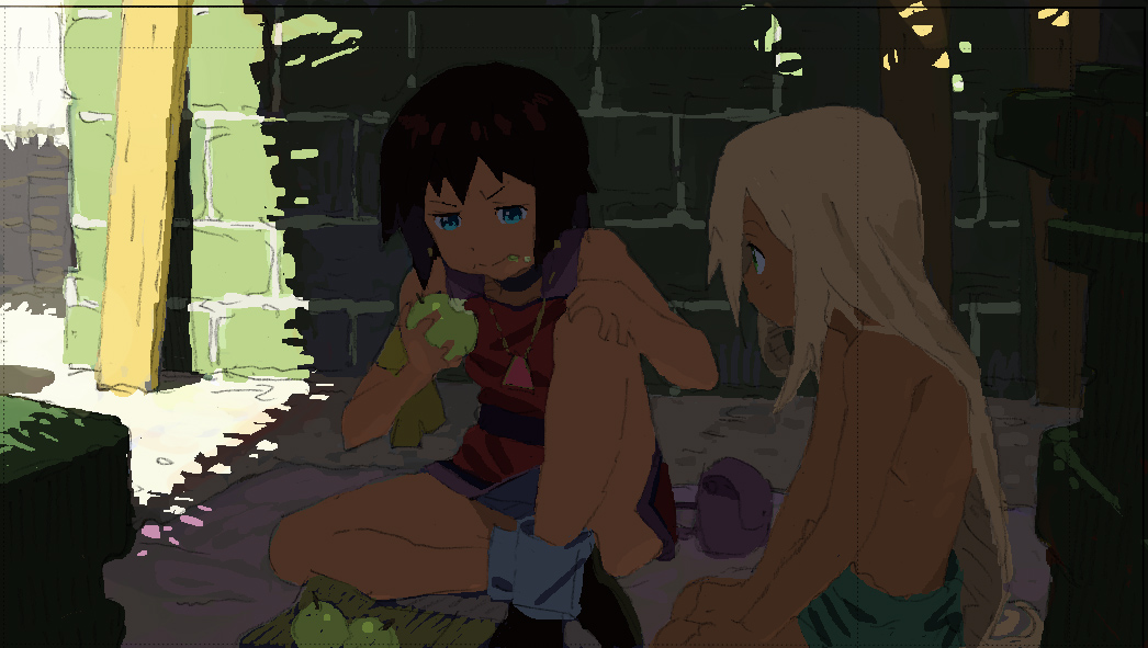 androgynous, apple, bag, blue_eyes, brick_wall, convenient_censoring, eating, food, food_on_face, fruit, green_apple, jewelry, kirim_(fugo), long_hair, matsuo_yuusuke, necklace, original, pink_bag, raifan_(fugo), sitting_in_shadow, topless_female, very_long_hair