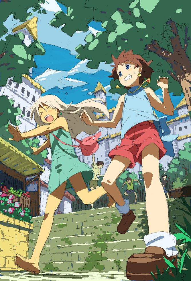 >_<, :o, androgynous, barefoot, blue_eyes, blue_sky, bow, castle