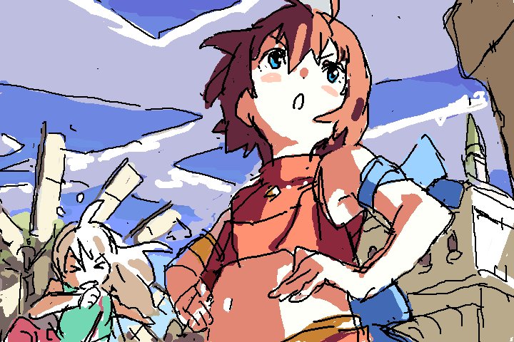 >_<, :o, ahoge, androgynous, blue_eyes, blue_sky, bow, castle