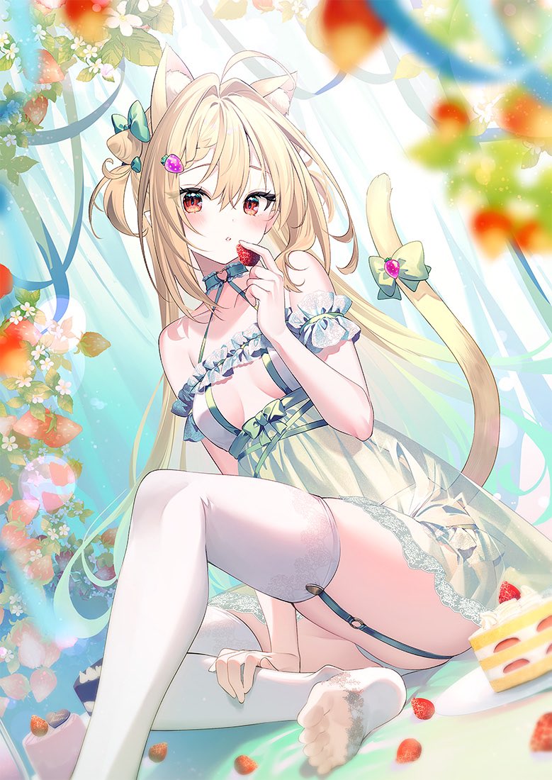 1girl, ahoge, animal_ears, bare_shoulders, black_garter_straps, blonde_hair, blurry, bow, breasts, cake, cat_ears, cat_girl, cat_tail, center_opening, commentary_request, cone_hair_bun, depth_of_field, double_bun, dress, food, fruit, garter_straps, green_bow, green_dress, green_nightgown, hair_between_eyes, hair_bun, hair_intakes, hikikomari_kyuuketsuki_no_monmon, holding, holding_food, kemonomimi_mode, knee_up, long_hair, looking_at_viewer, nightgown, o-ring_strap, off_shoulder, official_alternate_costume, plate, pointy_ears, red_eyes, riichu, sitting, small_breasts, soles, solo, strawberry, strawberry_plant, strawberry_shortcake, tail, tail_bow, tail_ornament, terakomari_gandezblood, thighhighs, toeless_legwear, white_thighhighs