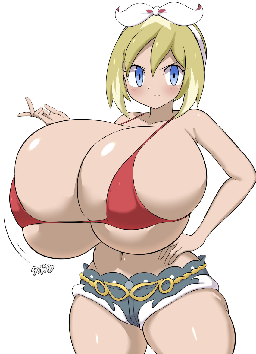 1girl, bikini, bikini_top_only, blonde_hair, blue_eyes, breasts, cleavage, collarbone