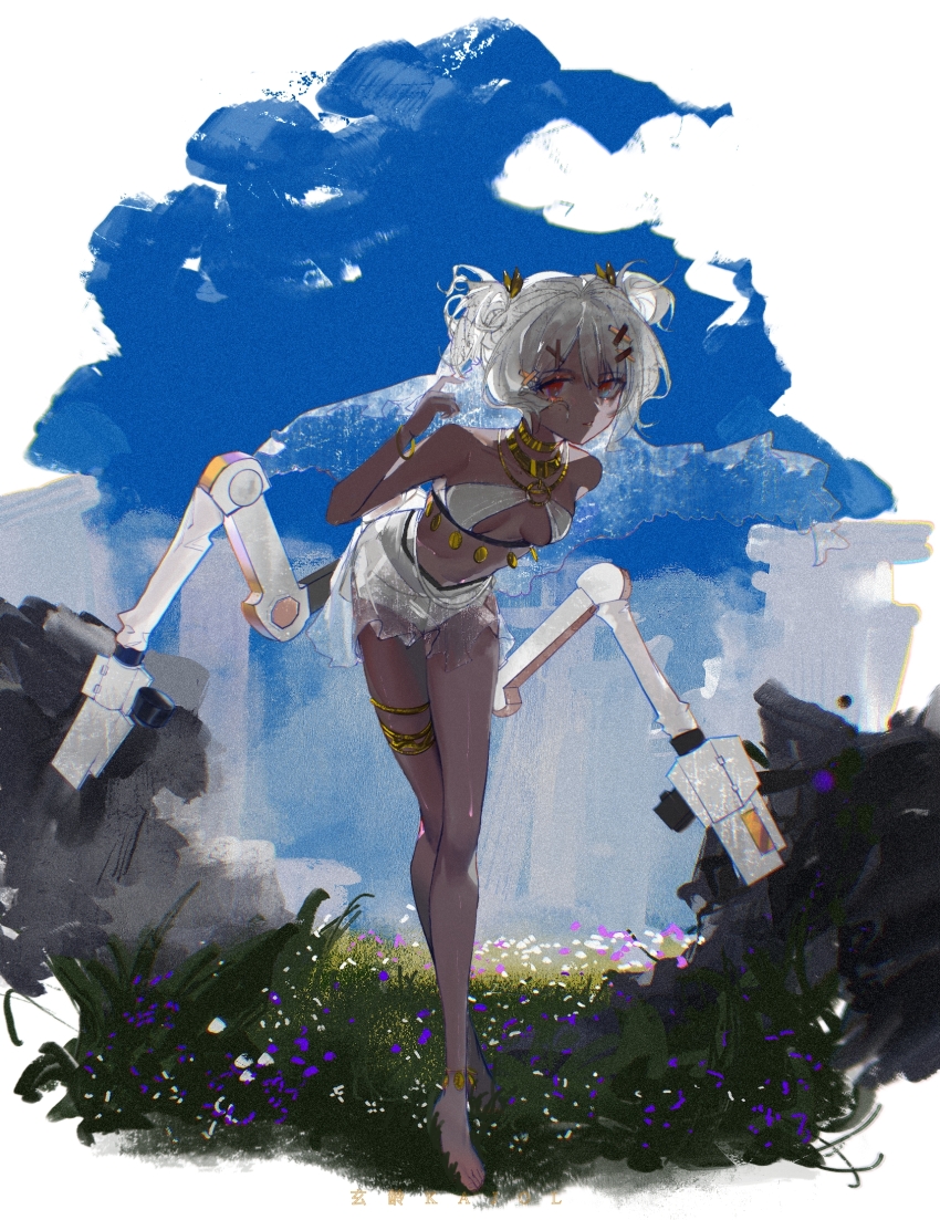 1girl, bare_arms, bare_legs, bare_shoulders, bracelet, breasts, dark-skinned_female, dark_skin, full_body, gold_bracelet, gold_necklace, grey_hair, hair_ornament, highres, jewelry, kajol203520, machinery, necklace, punishing:_gray_raven, red_eyes, rigging, sidelocks, small_breasts, solo, sophia:_silverfang_(mandala_dance)_(pgr), sophia_(pgr), thighlet, two_side_up, x_hair_ornament