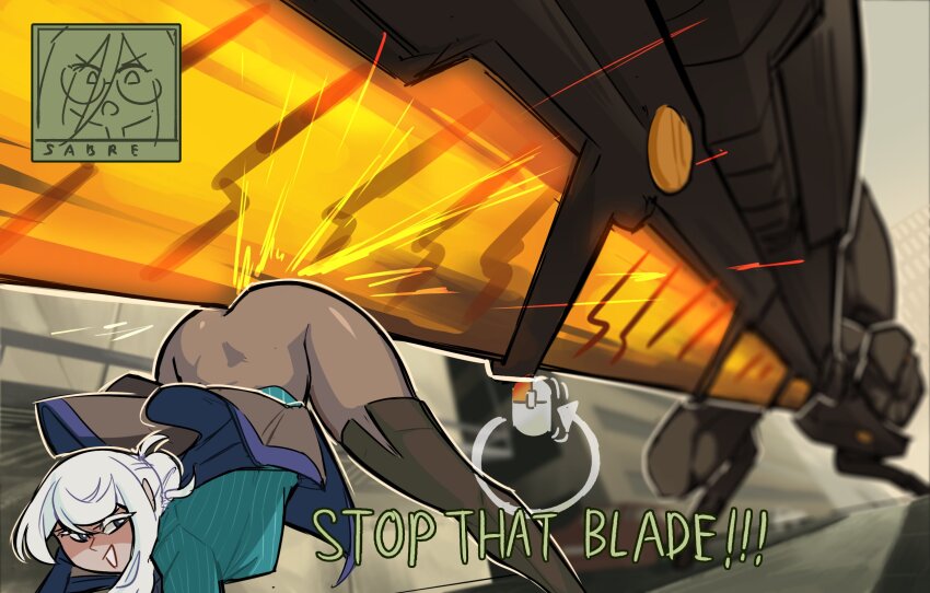 2girls, ass, ass_shake, between_buttocks, centurii-chan, computer_mouse, english_text, gameplay_mechanics, highres, mecha, metal_gear_(robot), metal_gear_(series), metal_gear_ray, metal_gear_rising:_revengeance, multiple_girls, original, parody, powerful_ass, rapier-chan_(centurii-chan), robot, science_fiction, sparks, subtitled, twerking, white_hair