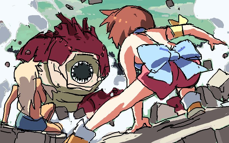 :o, bow, fighting_stance, green_sky, kirim_(fugo), long_hair, matsuo_yuusuke, monster