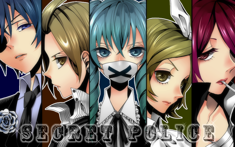 2boys, 3girls, aqua_eyes, aqua_hair, blonde_hair, blue_eyes, blue_hair, cigarette
