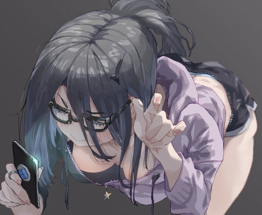 1girl, bent_over, black-framed_eyewear, black_hair, black_hoodie, black_shorts, blush, breasts, cellphone, cleavage, downblouse, exia_(gamer)_(nikke), exia_(nikke), glasses, goddess_of_victory:_nikke, grey_background, hair_between_eyes, hair_ornament, hairclip, hanging_breasts, highres, hii_(motorholic), holding, holding_phone, hood, hoodie, jewelry, long_hair, medium_breasts, off_shoulder, official_alternate_costume, phone, ponytail, purple_eyes, purple_hoodie, ring, shorts, sidelocks, smartphone, solo, two-tone_hoodie