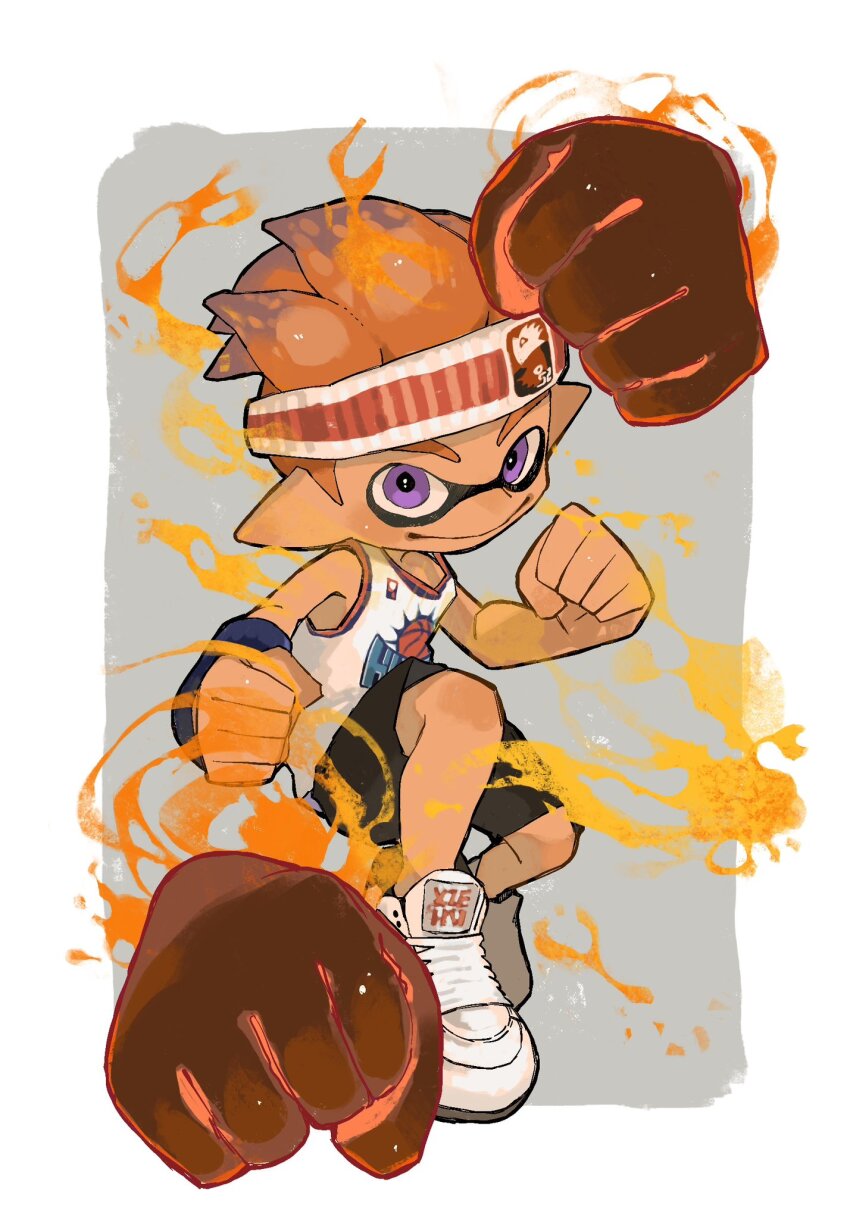 1boy, basketball_jersey, black_shorts, border, clenched_hand, closed_mouth, commentary_request, full_body, grey_background, headband, highres, inkling, inkling_boy, inkling_player_character, looking_at_viewer, male_focus, nintendo, orange_hair, outside_border, pointy_ears, print_shirt, purple_eyes, sanyu_uuu, shirt, shoes, short_hair, shorts, simple_background, smile, solo, splatoon_(series), splatoon_3, tentacle_hair, triple_splashdown_(splatoon), white_border, white_headband, white_shirt, white_shoes