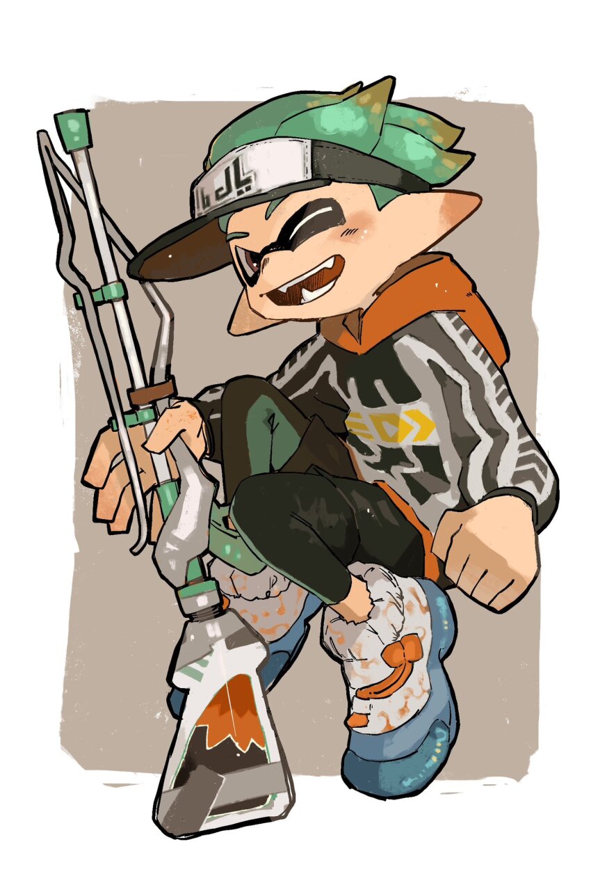1boy, black_leggings, border, commentary_request, full_body, grey_background, gun, highres, holding, holding_gun, holding_weapon, hood, hoodie, inkling, inkling_boy, inkling_player_character, leggings, male_focus, nintendo, one_eye_closed, open_mouth, outside_border, pointy_ears, sanyu_uuu, shoes, short_hair, simple_background, smile, solo, splatoon_(series), splatoon_3, squiffer_(splatoon), teeth, tentacle_hair, visor_cap, weapon, white_border