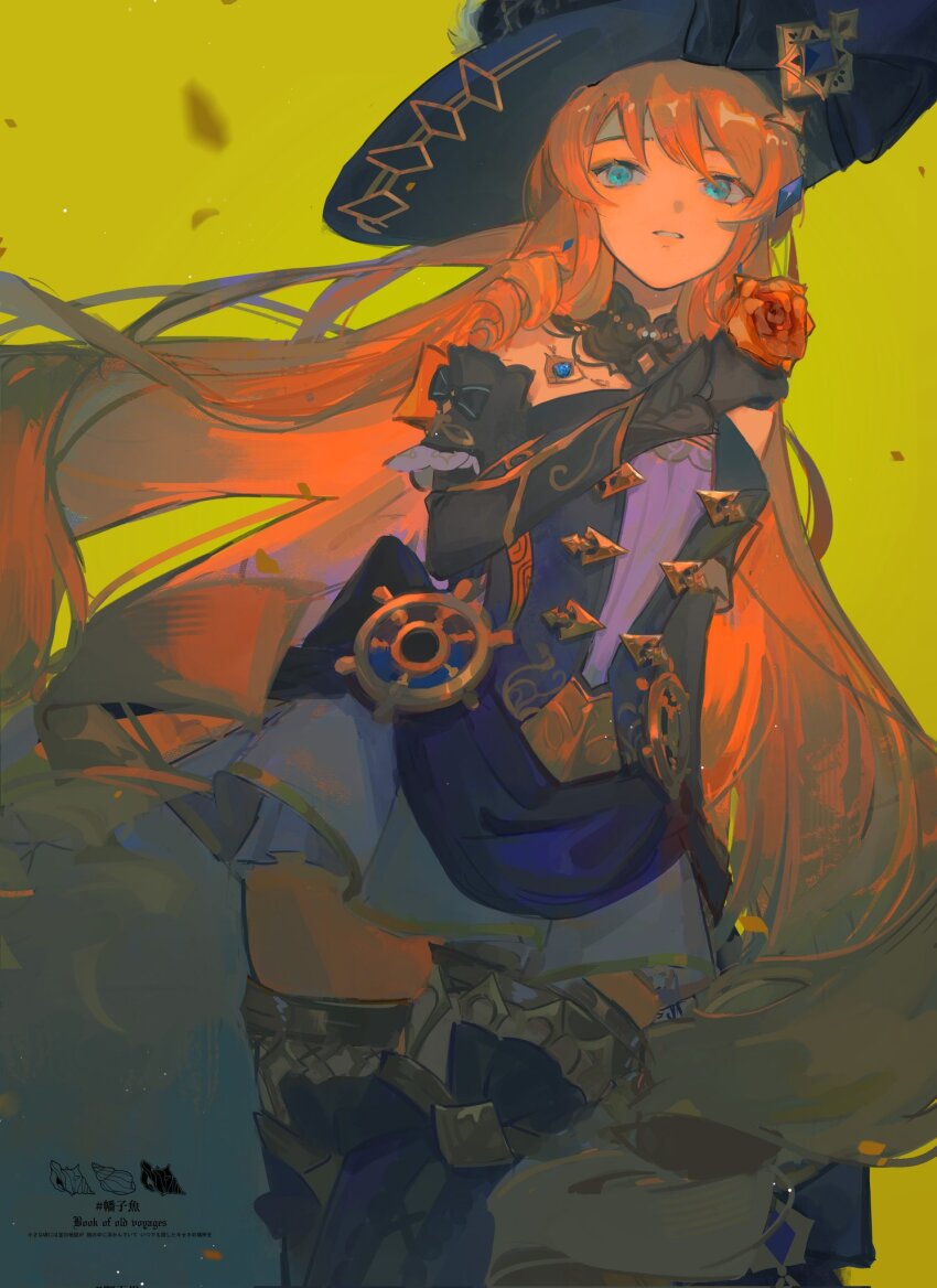 1girl, black_gloves, blue_dress, blue_eyes, blue_hat, blue_thighhighs, dress, efanziyu