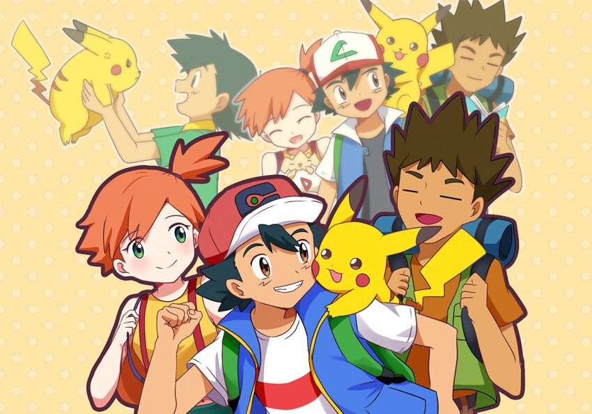 1girl, 2boys, amaimi, ash_ketchum, asymmetrical_hair, blush, brock_(pokemon), denim