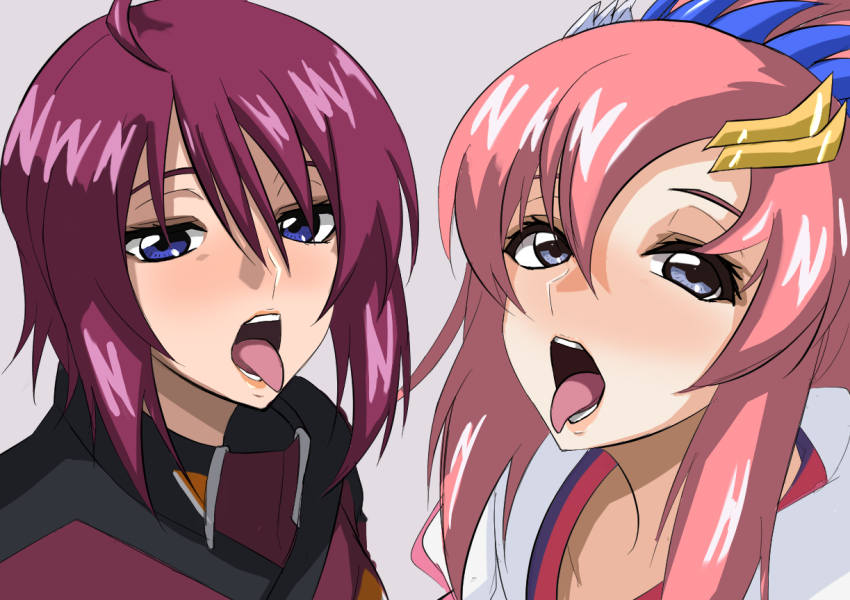 2girls, blue_eyes, commentary_request, commission, grey_background, gundam, gundam_seed, gundam_seed_freedom