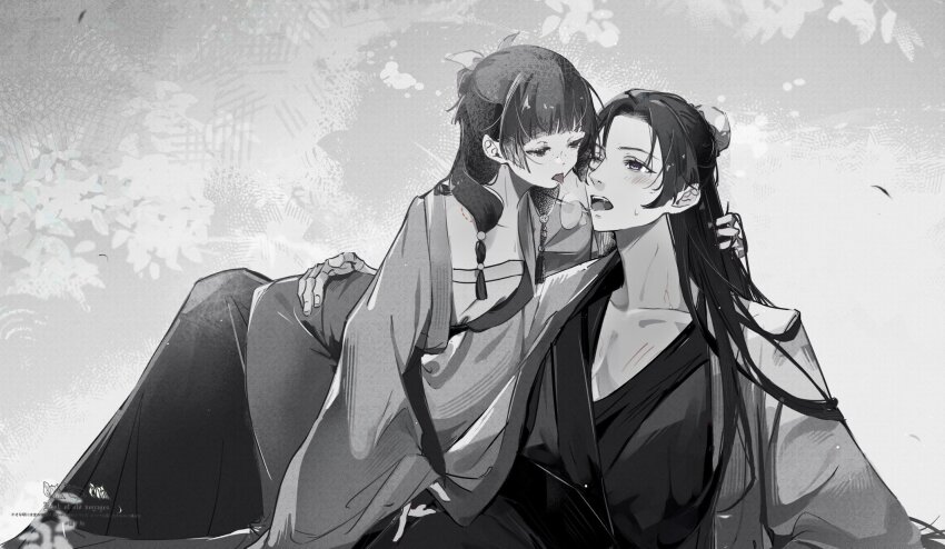 1boy, 1girl, after_kiss, bite_mark, blunt_bangs, blush, chinese_clothes, couple, efanziyu, freckles, greyscale, hanfu, hetero, highres, jinshi_(kusuriya_no_hitorigoto), kusuriya_no_hitorigoto, leaning_back, leaning_forward, long_hair, maomao_(kusuriya_no_hitorigoto), monochrome, one_eye_closed, open_mouth, saliva, saliva_trail, scratches, sitting, steam, straight_hair, sweatdrop, tongue, tongue_out, wide_sleeves