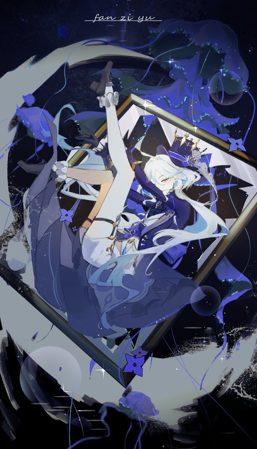 1girl, ascot, bare_legs, blue_ascot, blue_hat, blue_jacket, blue_shirt, blue_shoes, bow, broken_mirror, collared_shirt, efanziyu, full_body, furina_(genshin_impact), genshin_impact, hat, highres, jacket, jellyfish, legs_up, long_hair, looking_at_viewer, low_twintails, mirror, shirt, shoes, shorts, socks, solo, sparkle, thigh_strap, top_hat, twintails, very_long_hair, vest, white_hair, white_shorts, white_socks, white_trim, white_vest