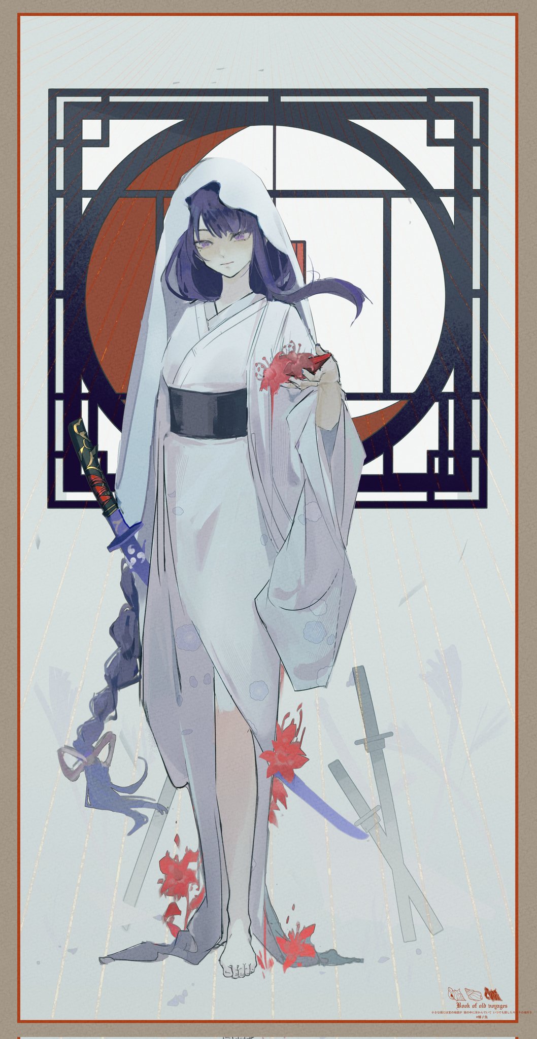 1girl, barefoot, black_sash, blunt_bangs, braid, efanziyu, flower, full_body