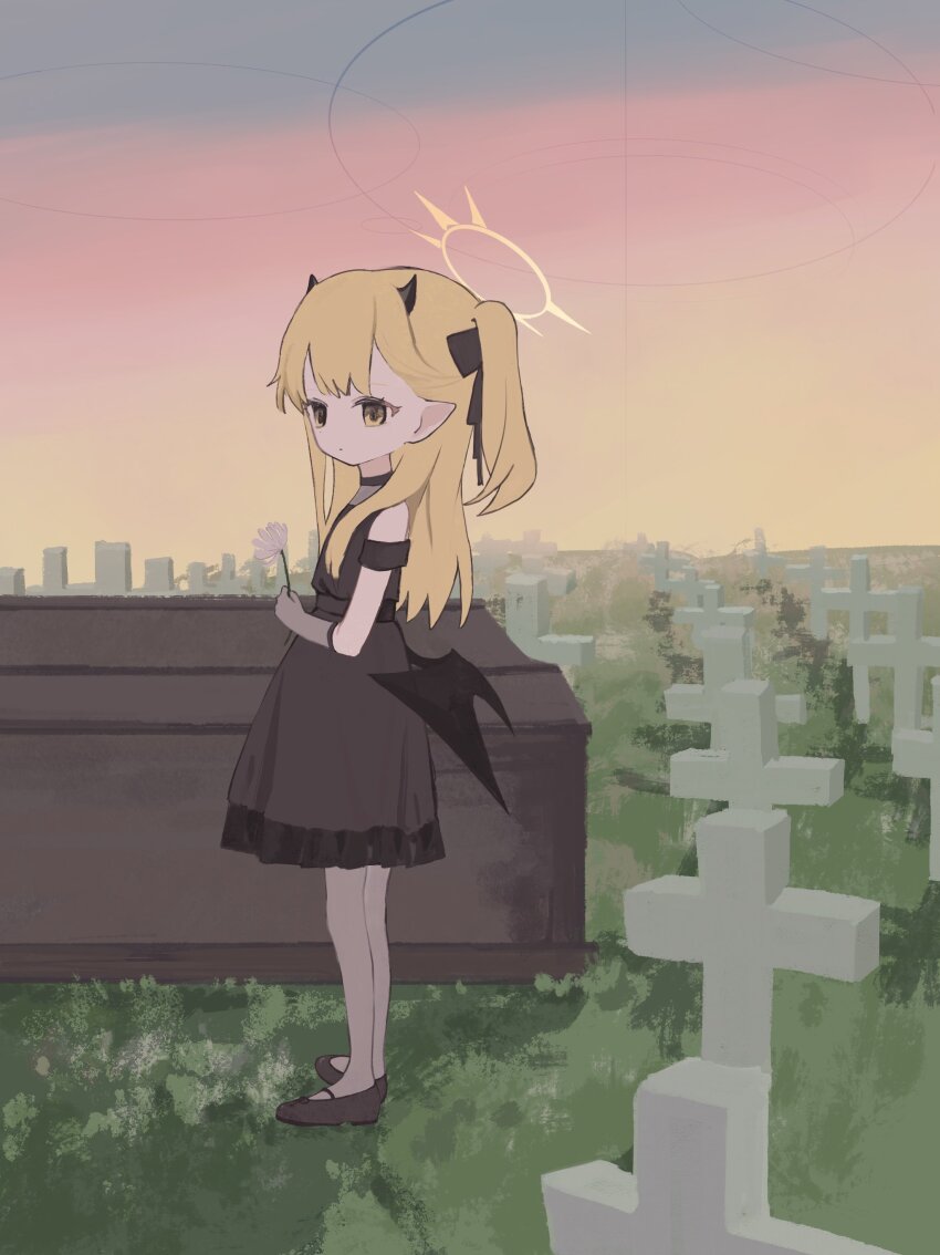 1girl, absurdres, bare_shoulders, black_dress, blonde_hair, blue_archive, closed_mouth, coffin