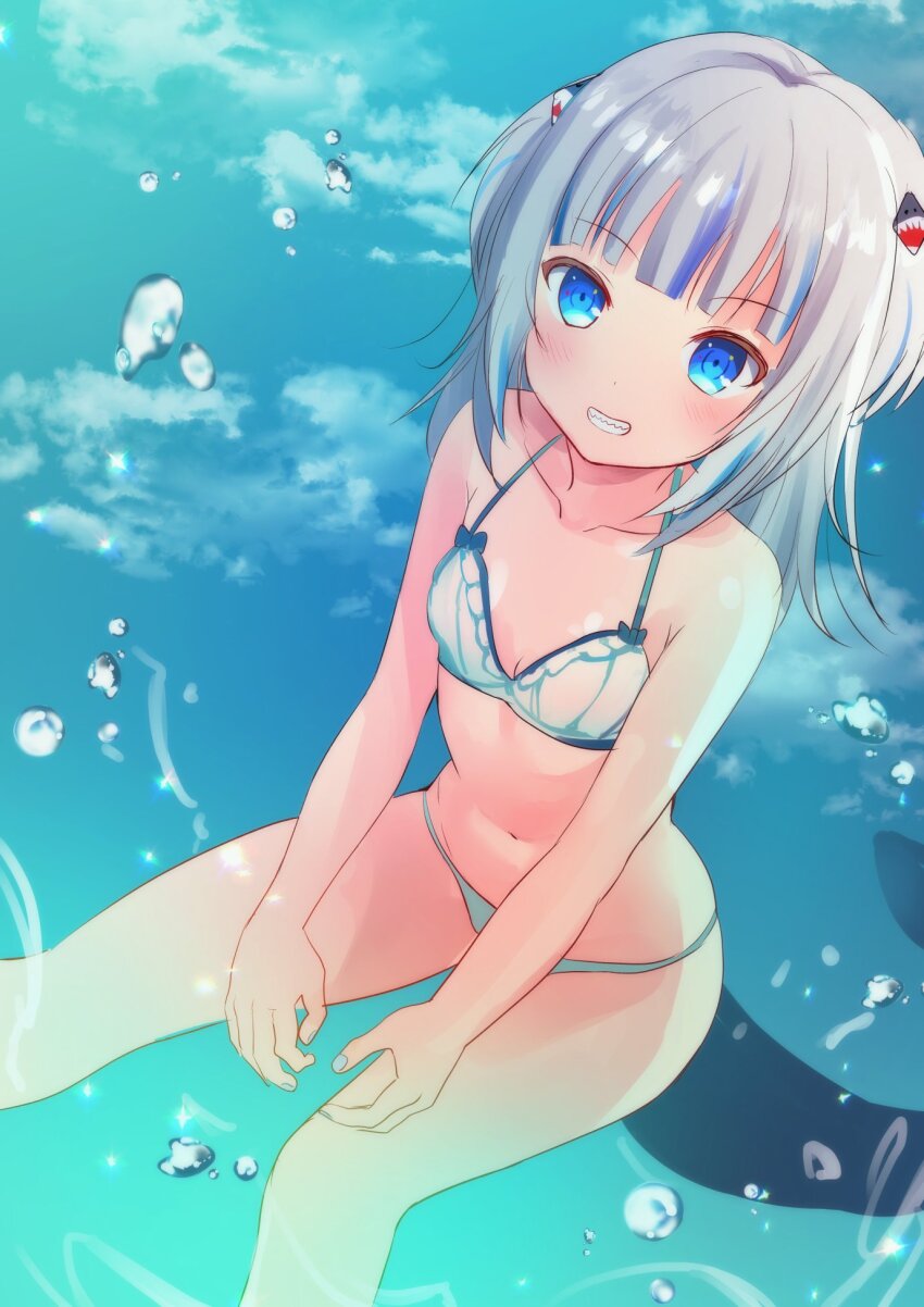 1girl, air_bubble, bare_arms, bare_legs, bare_shoulders, bikini, blue_eyes, blue_hair, blue_nails, blue_tail, breasts, bubble, collarbone, commentary_request, fins, fish_tail, gawr_gura, grey_hair, grin, hair_ornament, highres, hololive, hololive_english, long_hair, looking_at_viewer, multicolored_hair, navel, nta_(n_tan2), shark_girl, shark_tail, sharp_teeth, small_breasts, smile, solo, stomach, swimsuit, tail, teeth, thighs, underwater, virtual_youtuber, water, white_bikini