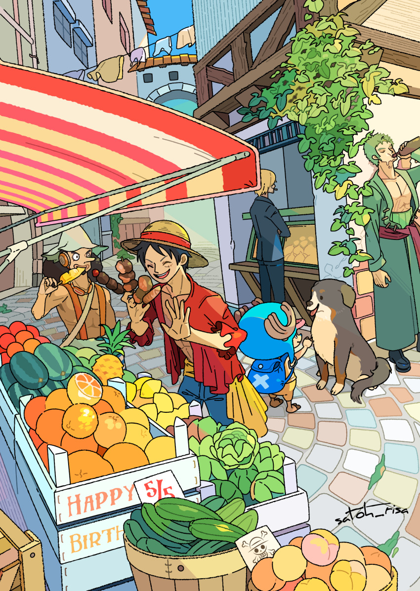 5boys, ^_^, absurdres, afro, antlers, artichoke_(food), awning, back