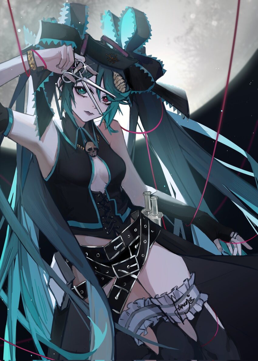alternate_costume, aqua_eyes, arm_up, belt, black_belt, black_corset, black_lips, black_shirt