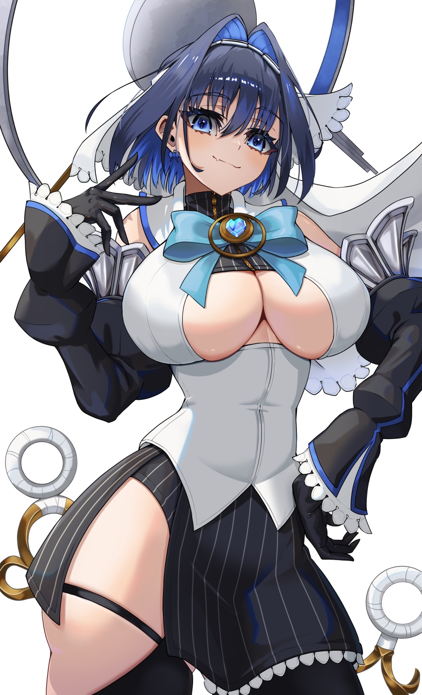 1girl, absurdres, black_gloves, black_skirt, black_sleeves, black_thighhighs, blue_bow, blue_bowtie, blue_eyes, blue_gem, blue_hair, bow, bow_earrings, bowtie, breasts, brooch, chain, chain_headband, cleavage, cleavage_cutout, closed_mouth, clothing_cutout, commentary, contrapposto, cowboy_shot, crop_top, detached_sleeves, earrings, english_commentary, fang, frilled_skirt, frilled_sleeves, frills, gem, gloves, h4kuuua_0, hair_between_eyes, hair_intakes, half-skirt, halo, hand_on_own_hip, hand_up, heart-shaped_gem, highres, hololive, hololive_english, jewelry, juliet_sleeves, large_breasts, light_blush, long_sleeves, looking_at_viewer, mechanical_halo, miniskirt, ouro_kronii, ouro_kronii_(1st_costume), pinstripe_pattern, pinstripe_shirt, pinstripe_skirt, puffy_sleeves, shirt, short_hair, simple_background, skin_fang, skirt, sleeveless, sleeveless_shirt, smile, solo, standing, thighhighs, turtleneck, turtleneck_shirt, underboob, underboob_cutout, veil, virtual_youtuber, white_background, white_shirt, white_veil, zipper