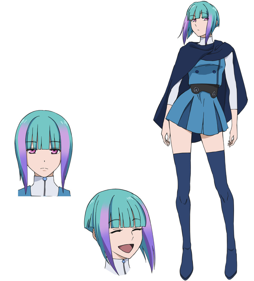 1girl, blue_dress, blue_hair, blue_socks, boots, closed_eyes, cyan_bluestar, dress, highres, long_sleeves, looking_at_viewer, metallic_rouge, multicolored_hair, open_mouth, pink_eyes, pink_hair, purple_hair, serious, shirt, socks, solo, transparent_background, white_shirt