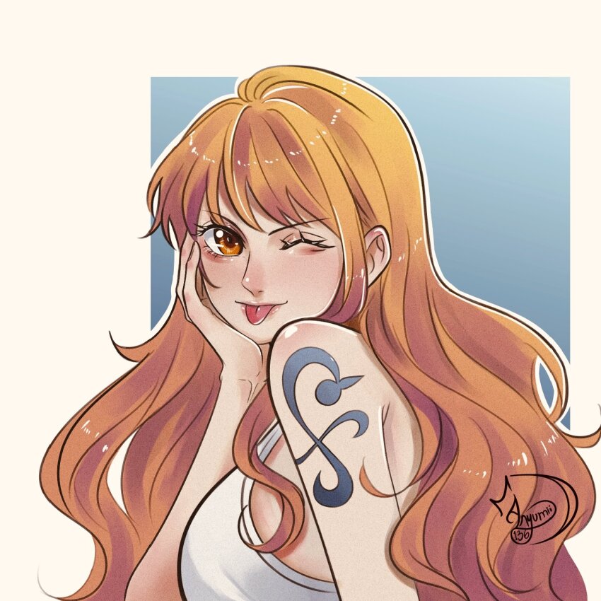 1girl, anyumii136, arm_tattoo, blue_background, commentary, eyelashes, hand_on_own_cheek, hand_on_own_face, highres, long_hair, looking_back, nami_(one_piece), one_eye_closed, one_piece, orange_eyes, orange_hair, profile, shirt, sidelocks, signature, tattoo, tongue, tongue_out, upper_body, white_shirt
