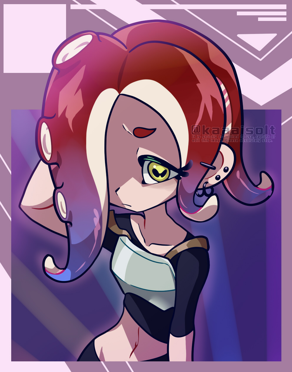 1girl, arm_up, artist_name, blue_hair, cephalopod_eyes, closed_mouth, collarbone, commentary, dedf1sh, ear_piercing, earrings, gradient_hair, hair_over_one_eye, highres, hoop_earrings, jewelry, kaaaisolt, long_hair, multicolored_hair, nintendo, octoling, piercing, purple_background, red_hair, solo, splatoon_(series), splatoon_3, splatoon_3:_side_order, tentacle_hair, thick_eyebrows, two-tone_hair, watermark, yellow_eyes