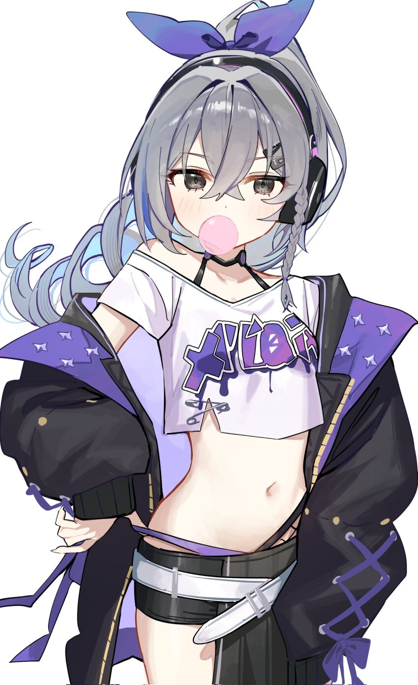 1girl, alternate_costume, belt, black_eyes, black_jacket, black_shorts, bow, braid