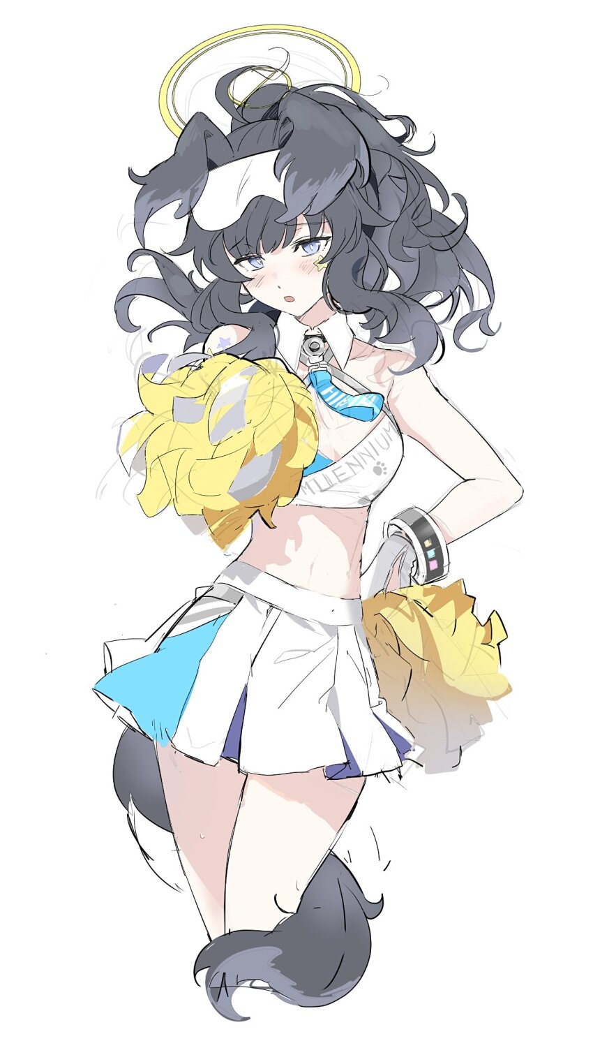 1girl, animal_ears, black_hair, blue_archive, blue_eyes, blush, breasts, cheerleader