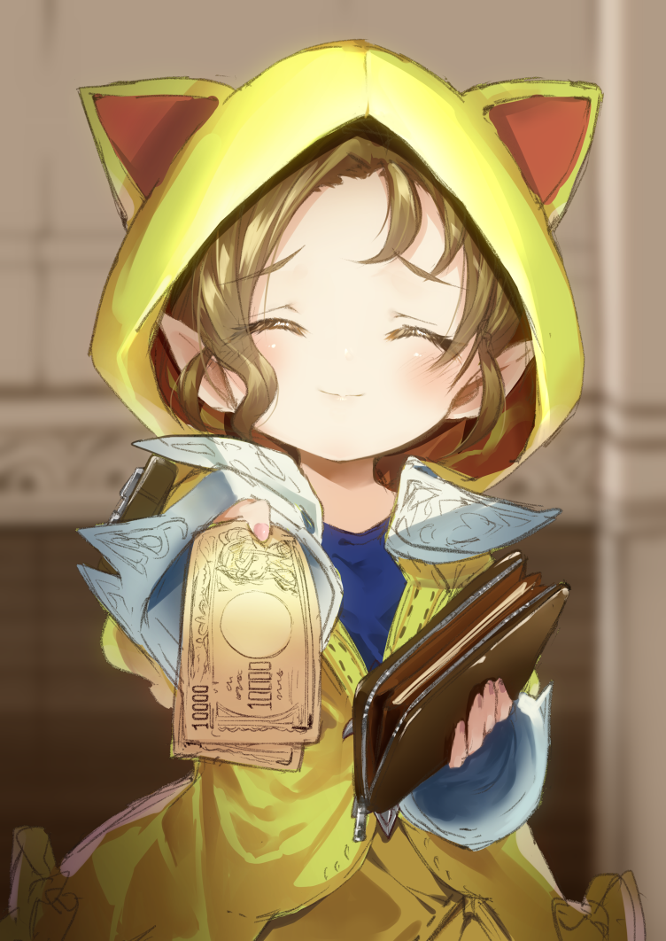 1girl, animal_ears, animal_hood, banknote, blurry, blurry_background, blush, cat_ears