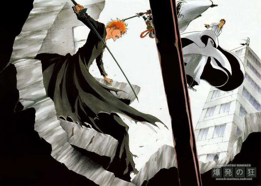 4boys, aizen_sousuke, bankai, bleach, highres, ichimaru_gin, kubo_tite, kurosaki_ichigo
