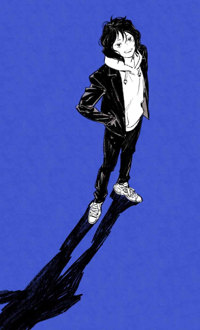 1boy, absurdres, androgynous, blue_background, chengongzi123, chinese_commentary, commentary_request, full_body