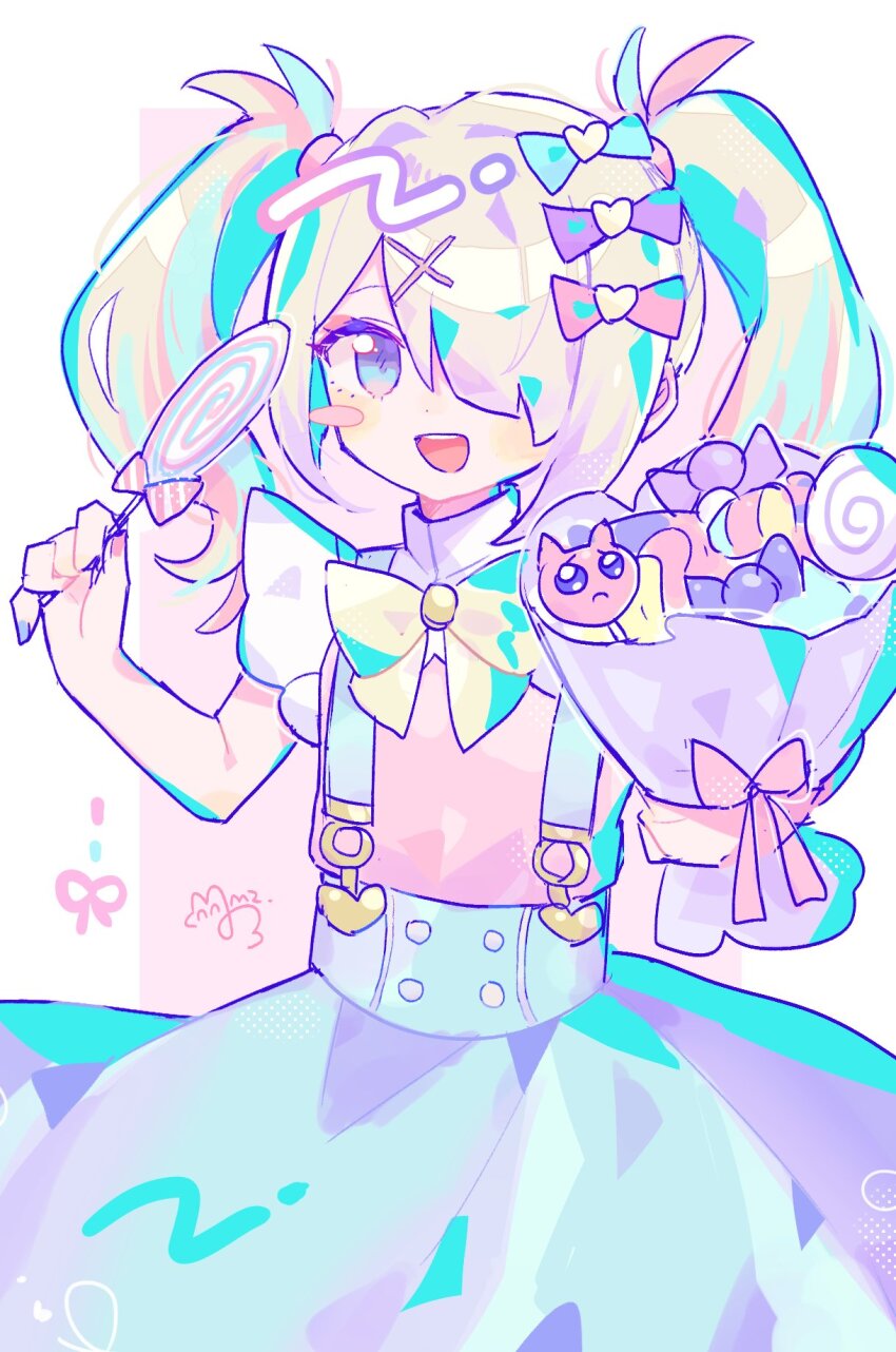 1girl, :d, ame-chan_(needy_girl_overdose), blonde_hair, blue_eyes, blue_skirt, bouquet, bow