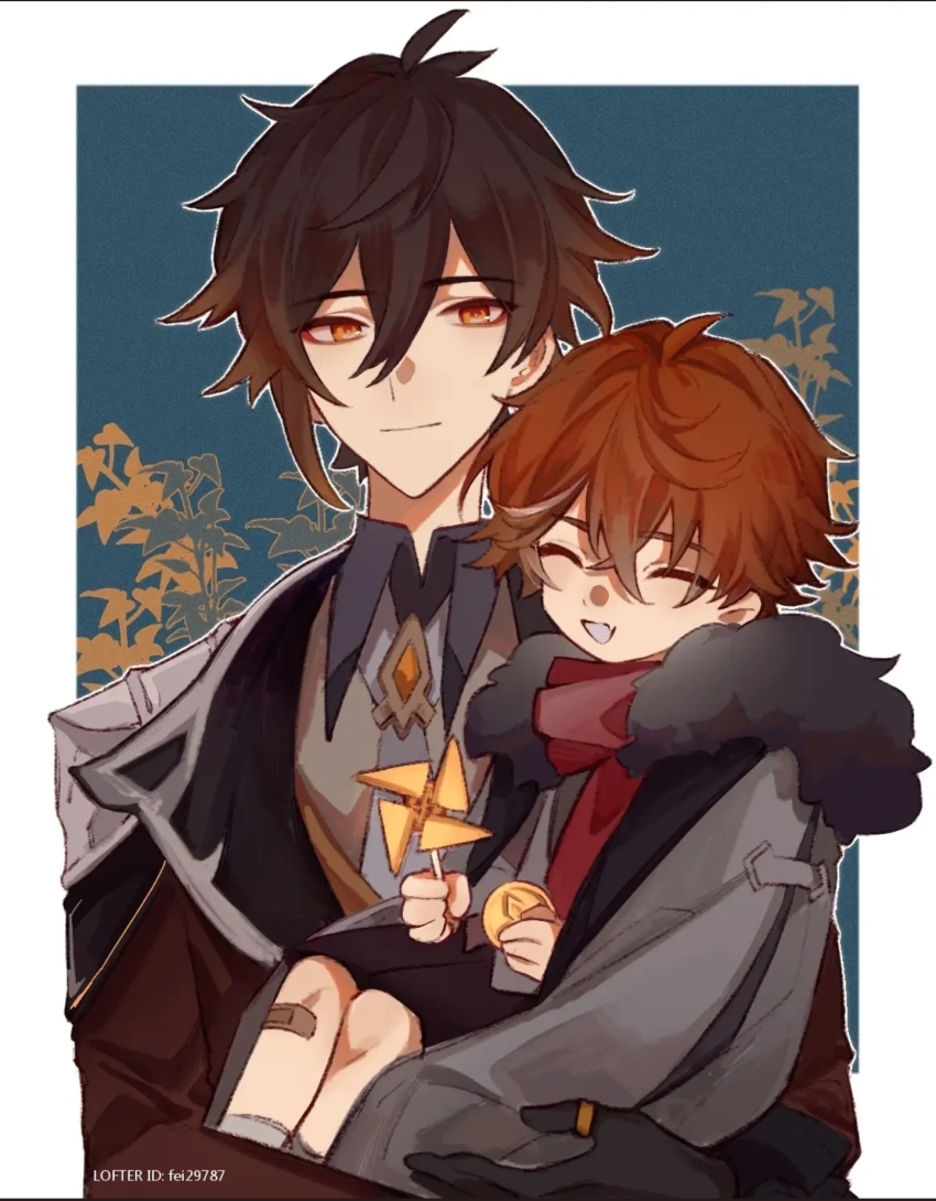 2boys, age_difference, aged_down, bandaid, bandaid_on_leg, fei29787, genshin_impact, highres