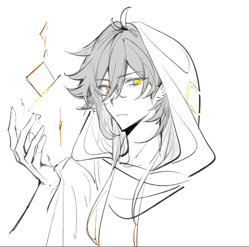 1boy, fei29787, genshin_impact, greyscale, highres, lofter, lofter_logo, lofter_username, looking_at_viewer, monochrome, official_alternate_costume, rex_lapis_(genshin_impact), solo, white_background, yellow_eyes, zhongli_(archon)_(genshin_impact), zhongli_(genshin_impact)