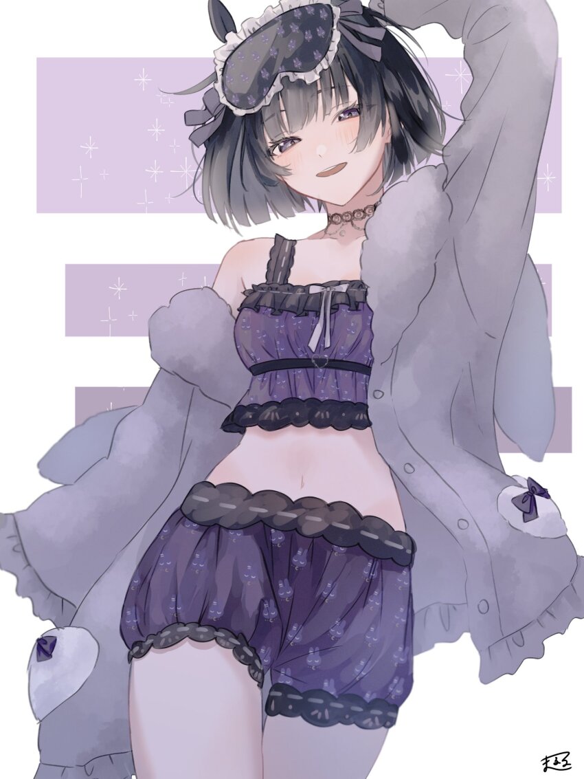 1girl, :d, arm_above_head, arm_at_side, black_eyes, black_hair, cowboy_shot, cropped_shirt, dot_nose, frilled_shirt, frilled_shorts, frills, fur-trimmed_jacket, fur_trim, grey_jacket, head_tilt, highres, jacket, legs_together, long_bangs, long_sleeves, looking_at_viewer, maru_ru2020, midriff, navel, nijisanji, open_clothes, open_jacket, open_mouth, purple_shirt, purple_shorts, shirt, short_hair, shorts, sidelocks, signature, simple_background, sleep_mask, sleeveless, sleeveless_shirt, smile, solo, teeth, thigh_gap, tsukino_mito, tsukino_mito_(loungewear), upper_teeth_only, virtual_youtuber, white_background