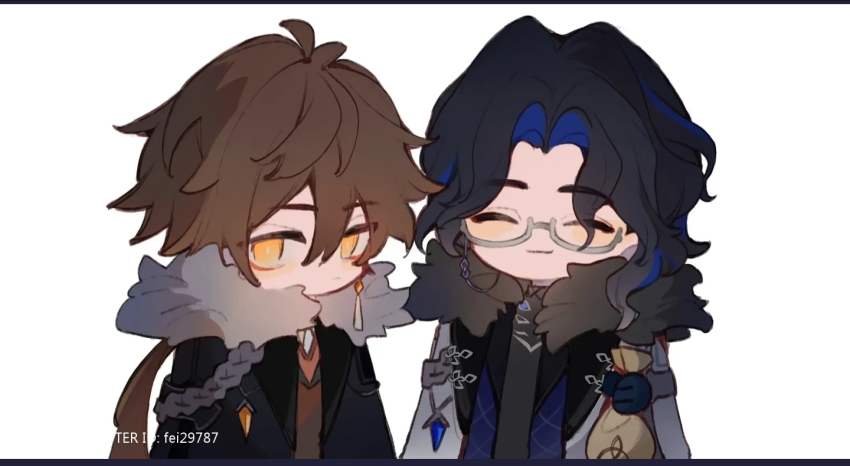 2boys, alternate_costume, chibi, earrings, fei29787, genshin_impact, glasses, jewelry, lofter, lofter_logo, lofter_username, looking_at_viewer, multiple_boys, pantalone_(genshin_impact), single_earring, smile, zhongli_(genshin_impact)