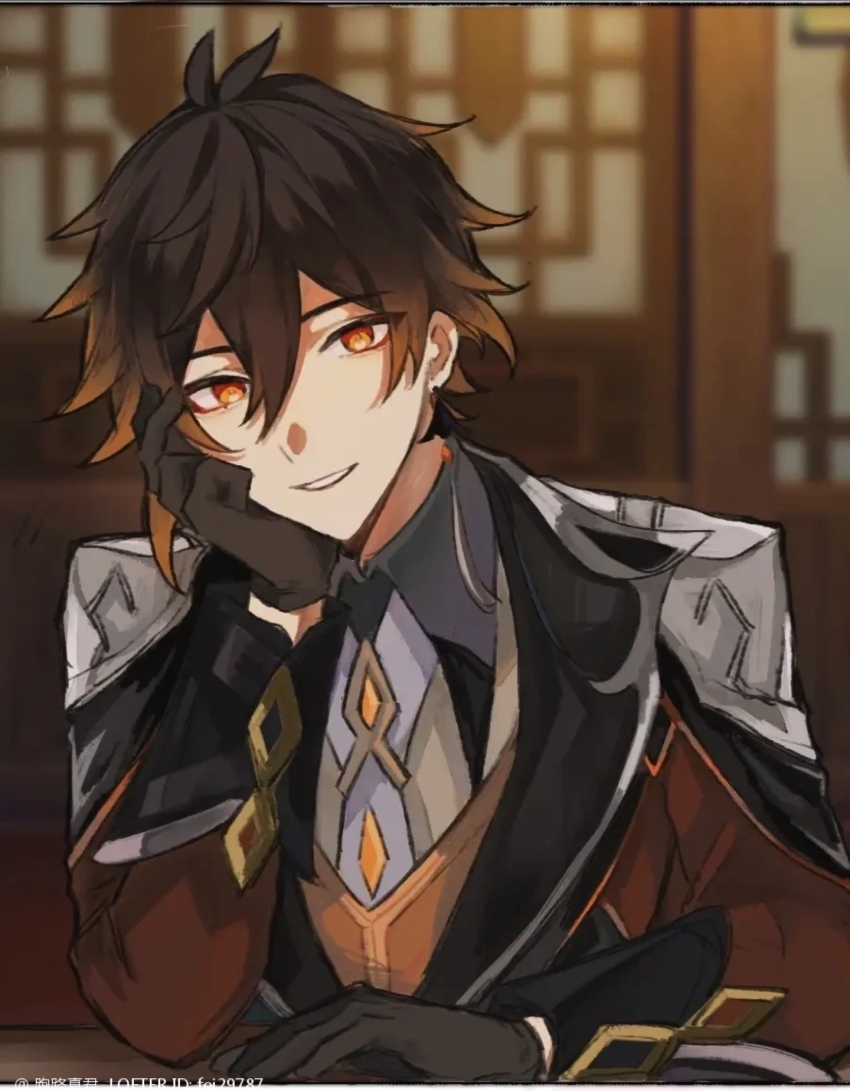 1boy, fei29787, genshin_impact, hand_on_own_cheek, hand_on_own_face, highres, indoors, lofter