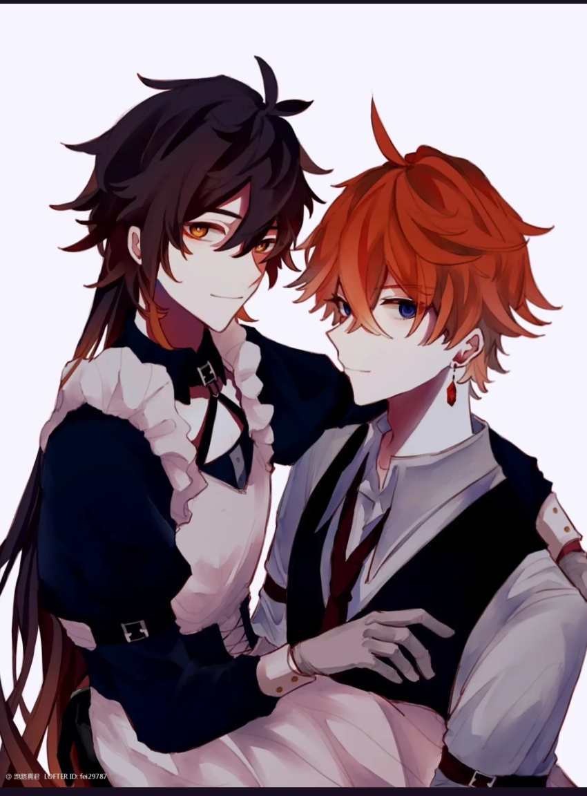 2boys, alternate_costume, apron, fei29787, genshin_impact, highres, lofter, lofter_logo