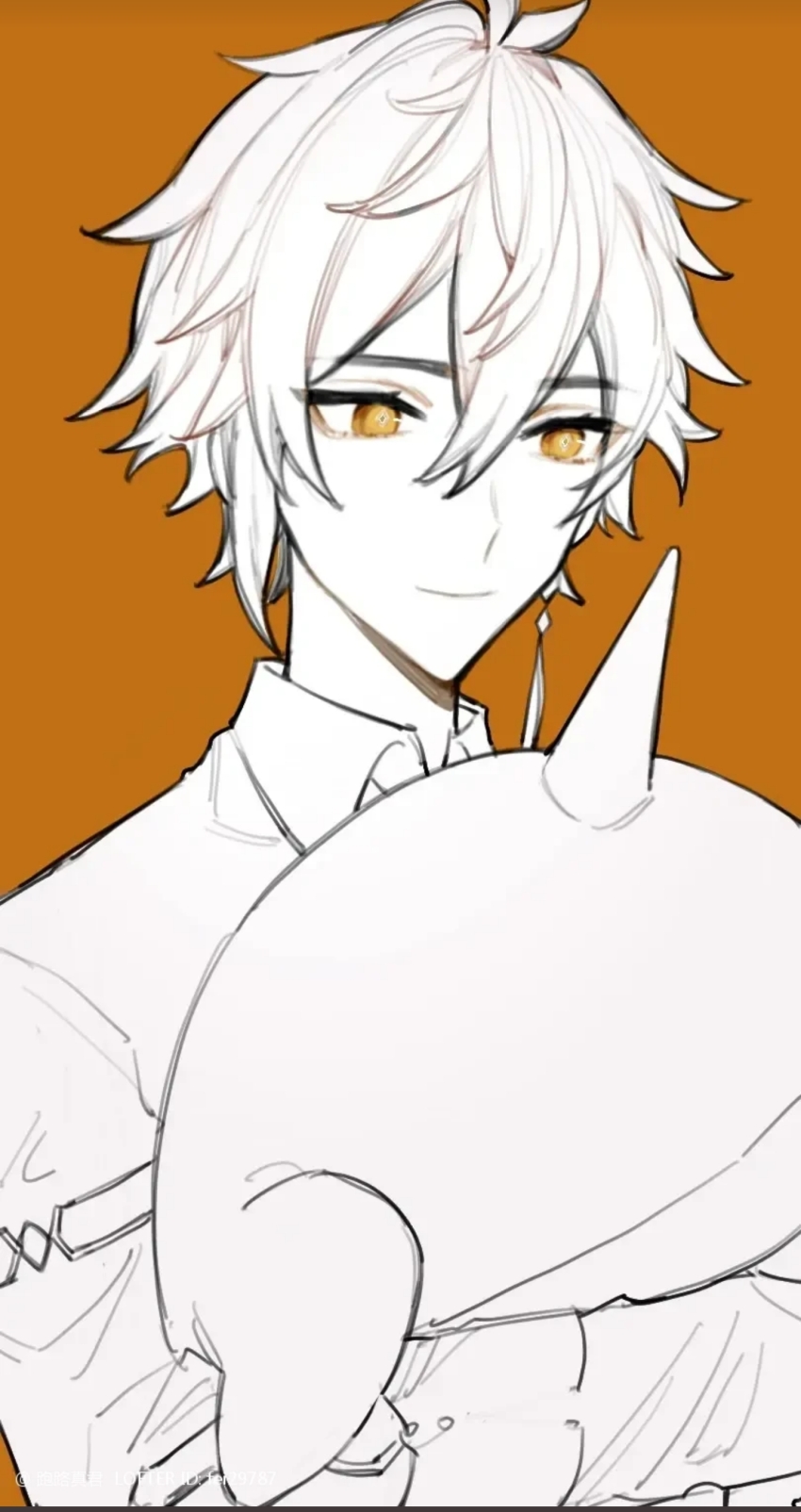 1boy, absurdres, fei29787, genshin_impact, greyscale, highres, holding, holding_stuffed_toy