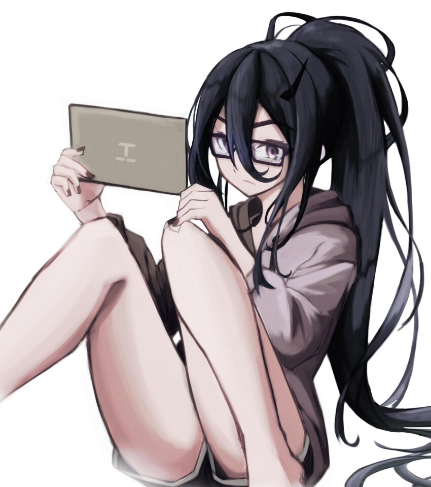 1girl, black_hair, black_nails, black_shorts, eri_aki0827, exia_(gamer)_(nikke), exia_(nikke), glasses