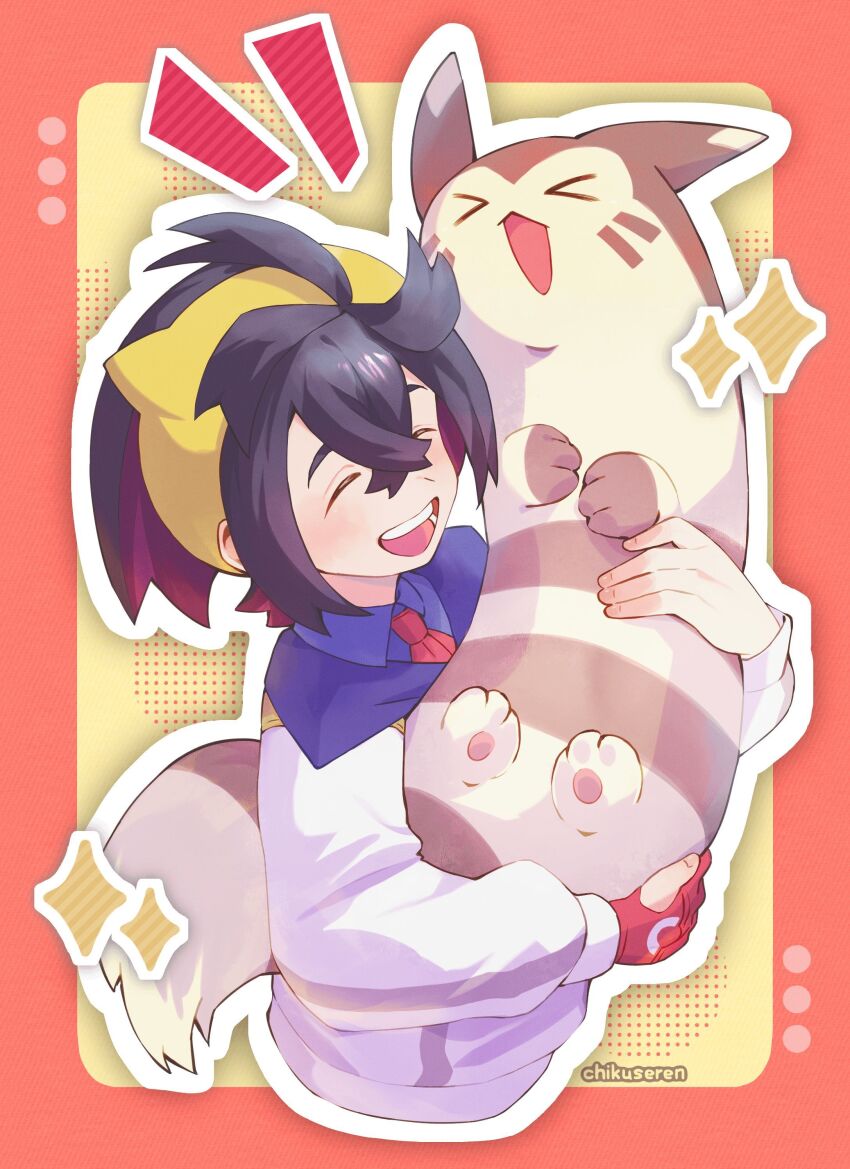 >_<, 1boy, absurdres, artist_name, black_hair, blue_shirt, blush, chikuseren, closed_eyes, collared_shirt, furret, gen_2_pokemon, gloves, hairband, highres, holding, holding_pokemon, jacket, kieran_(pokemon), long_sleeves, male_focus, multicolored_hair, nintendo, open_mouth, partially_fingerless_gloves, pokemon, pokemon_(creature), pokemon_scarlet_and_violet, red_gloves, red_hair, shirt, simple_background, sparkle, upper_body