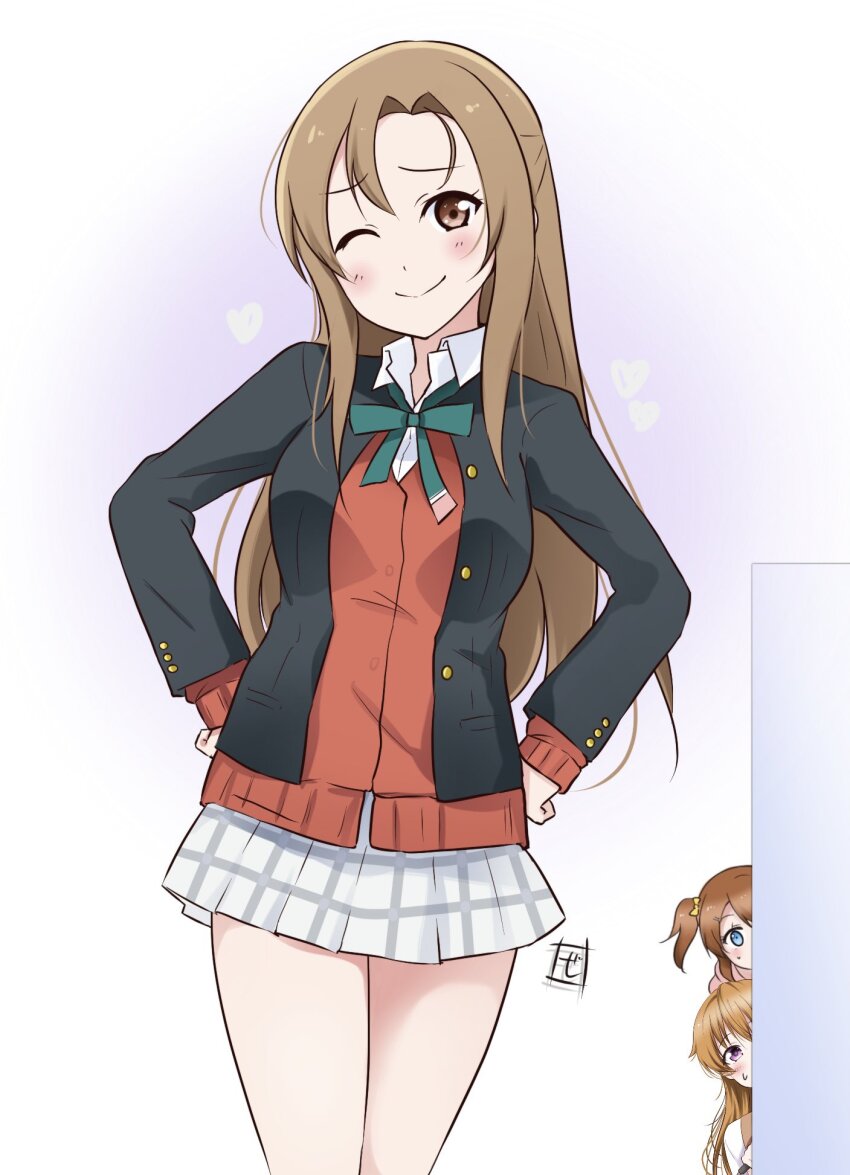 3girls, blue_eyes, blush, breasts, brown_eyes, brown_hair, cardigan, closed_mouth